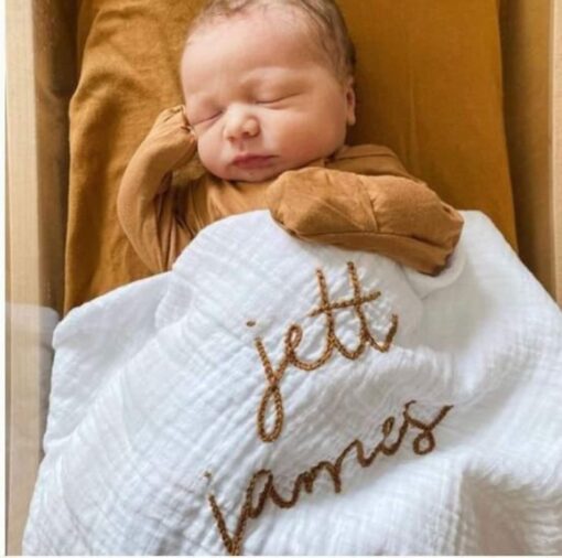 Personalized Hand Embroidered Baby Swaddle Blanket Soft, Breathable Cotton Muslin for a Cozy and Cherished Keepsake - Image 4