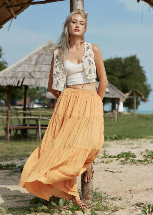 NO.5 Women's Hippie Gypsy Boho Tiered Peasant Long Maxi Skirt in Vibrant Yellow Ochre - Image 2