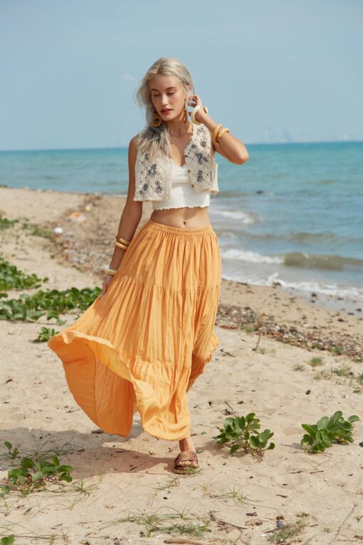NO.5 Women's Hippie Gypsy Boho Tiered Peasant Long Maxi Skirt in Vibrant Yellow Ochre - Image 3