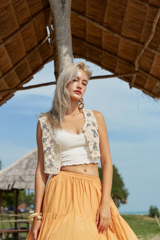 NO.5 Women's Hippie Gypsy Boho Tiered Peasant Long Maxi Skirt in Vibrant Yellow Ochre - Image 4