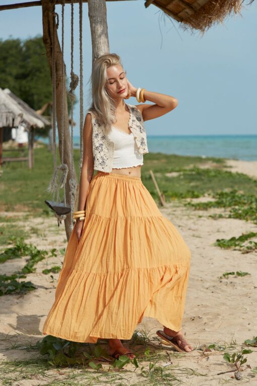 NO.5 Women's Hippie Gypsy Boho Tiered Peasant Long Maxi Skirt in Vibrant Yellow Ochre - Image 6