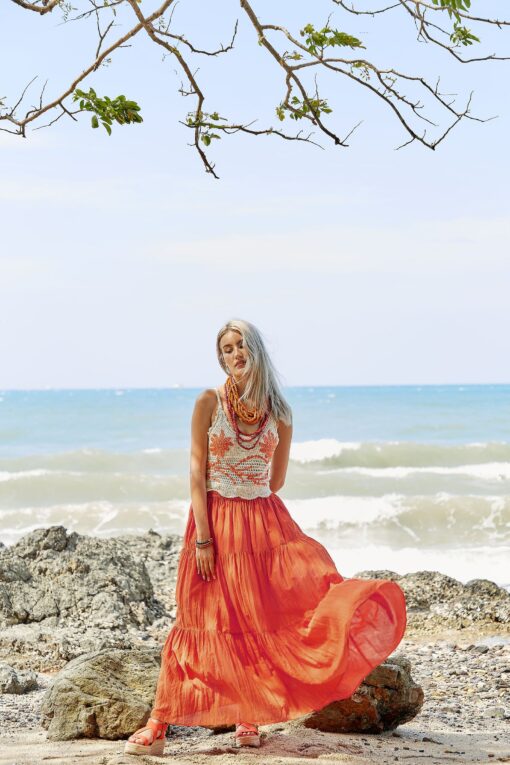 Flowy Bohemian Rhapsody Unleash Your Inner Gypsy with Our Orange Tiered Maxi Skirt - Image 2