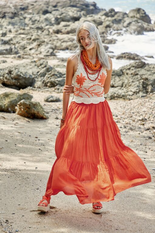 Flowy Bohemian Rhapsody Unleash Your Inner Gypsy with Our Orange Tiered Maxi Skirt - Image 4