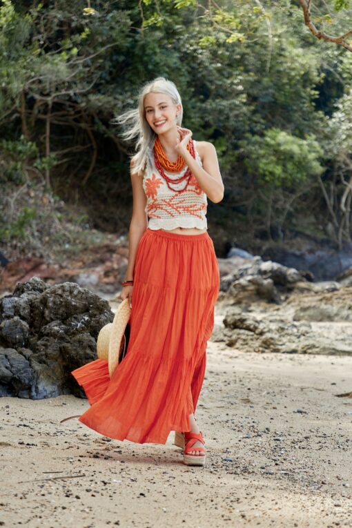 Flowy Bohemian Rhapsody Unleash Your Inner Gypsy with Our Orange Tiered Maxi Skirt - Image 5