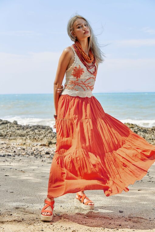 Flowy Bohemian Rhapsody Unleash Your Inner Gypsy with Our Orange Tiered Maxi Skirt - Image 6