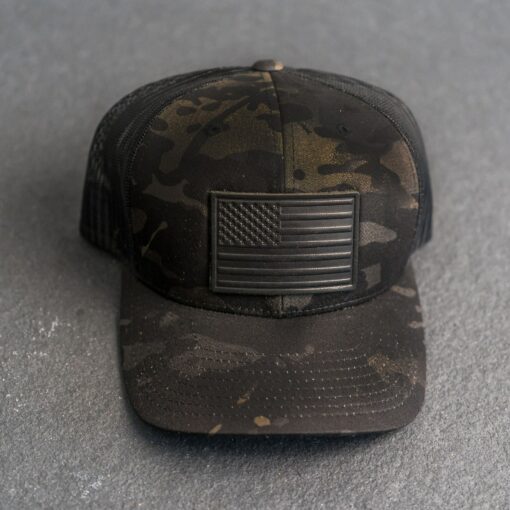 American Flag Trucker Hat Black Multicam with Personalized Leather Patch - Image 2