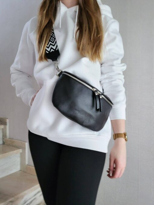 Versatile Leather Crossbody Bag Double Zipper, Adjustable Strap, and Belt Loop - Image 3