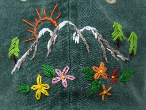 Hand Embroidered Mountain Flower Trees 2-Tone Green Beige Washed Cotton Baseball Cap for Summer Sun Protection - Image 5