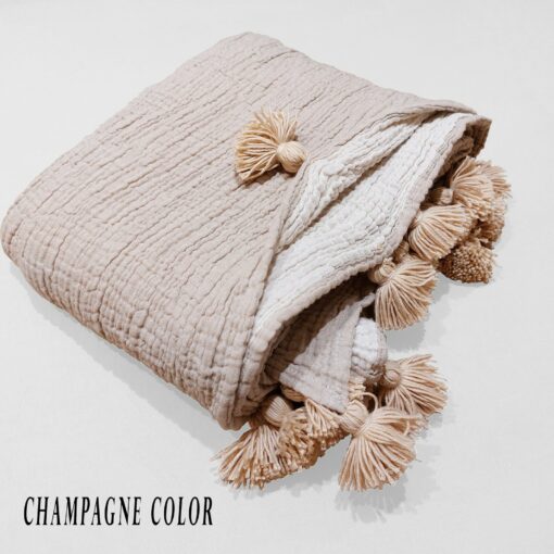 Luxurious Pom Pom Muslin Throw OEKO-TEX Certified, Multi-Purpose Cozy Comfort - Image 2
