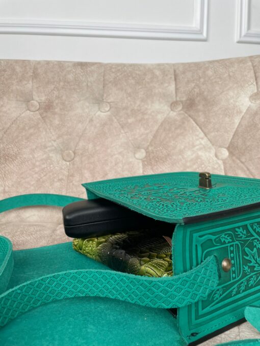 Genuine Leather Messenger Bag Handmade Green Boho Satchel for Women - Image 3