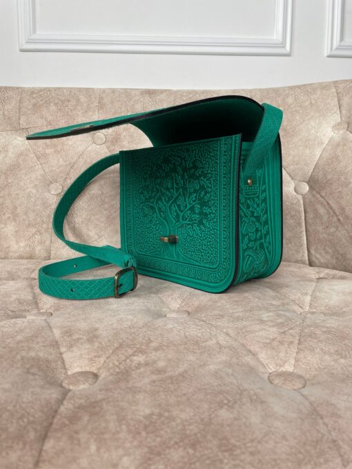 Genuine Leather Messenger Bag Handmade Green Boho Satchel for Women - Image 6