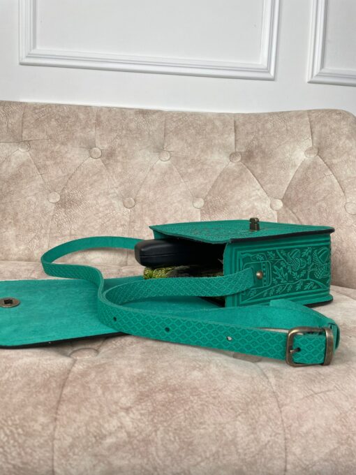 Genuine Leather Messenger Bag Handmade Green Boho Satchel for Women - Image 4