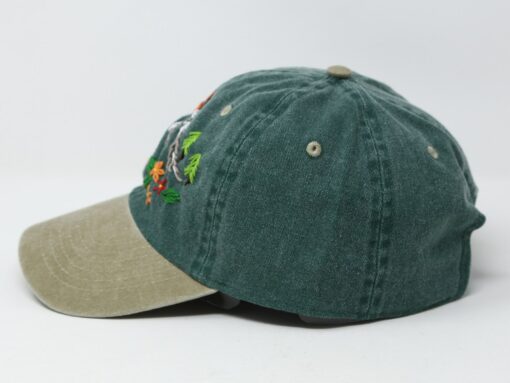 Hand Embroidered Mountain Flower Trees 2-Tone Green Beige Washed Cotton Baseball Cap for Summer Sun Protection - Image 4