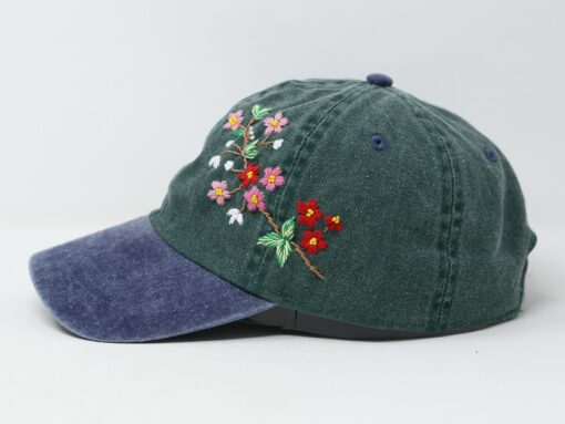 Embroidered Floral Baseball Cap Summer Sun Hat with Handcrafted Pink and Red Flowers - Image 2