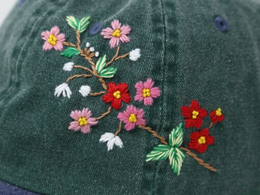 Embroidered Floral Baseball Cap Summer Sun Hat with Handcrafted Pink and Red Flowers - Image 4