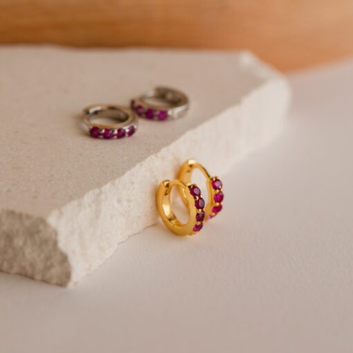 Ruby Birthstone Huggie Earrings Minimalist Crystal Hoops for Birthdays (ER111) - Image 3