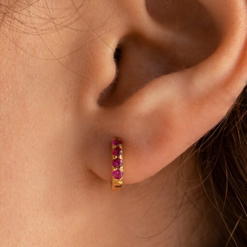 Ruby Birthstone Huggie Earrings Minimalist Crystal Hoops for Birthdays (ER111) - Image 6