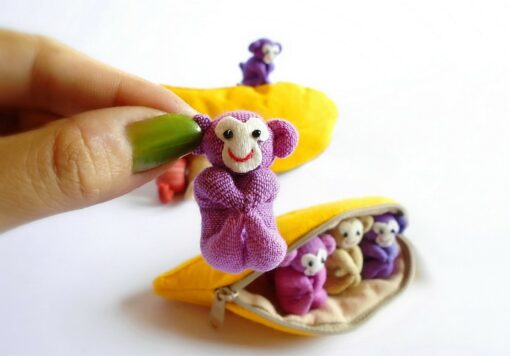 Adorable Trio of Monkeys in a Banana Zip Purse Handmade Organic Plush Toys for Home Decor or Children's Gifts - Image 2