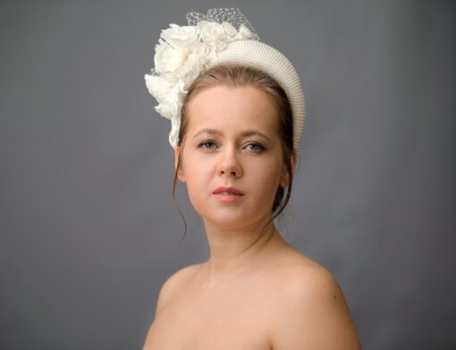 Royal-Inspired Cream Fascinator Headband with Birdcage Veil Elevate Your Bridal Look - Image 3