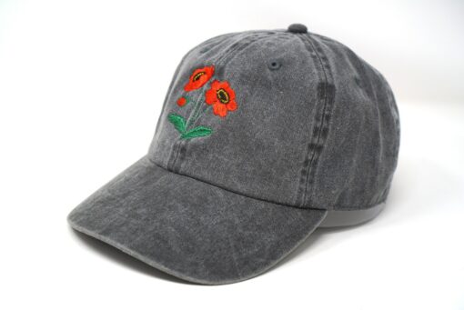 Embroidered Red Poppy Baseball Cap Washed Cotton, Curved Brim, Summer Style - Image 5
