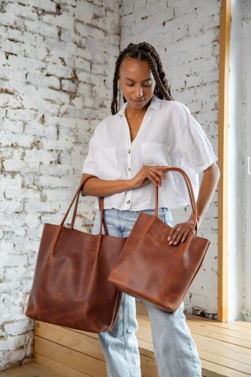 Versatile Leather Tote Your Everyday Companion in Brown and Mustard - Image 3