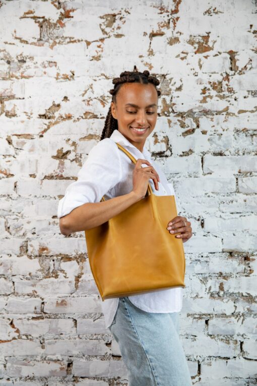 Versatile Leather Tote Your Everyday Companion in Brown and Mustard - Image 2