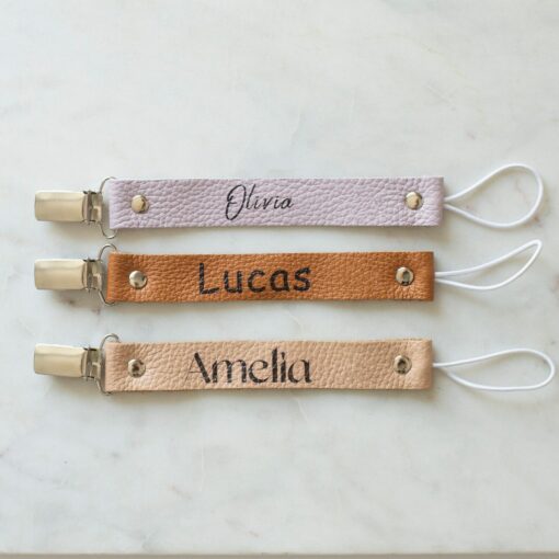 Personalized Pacifier Clip Custom Name, Leather Holder, Baby Dummy Chain - Image 2