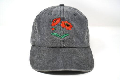 Embroidered Red Poppy Baseball Cap Washed Cotton, Curved Brim, Summer Style - Image 4