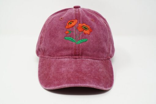 Embroidered Red Poppy Baseball Cap Washed Cotton, Curved Brim, Summer Style - Image 2