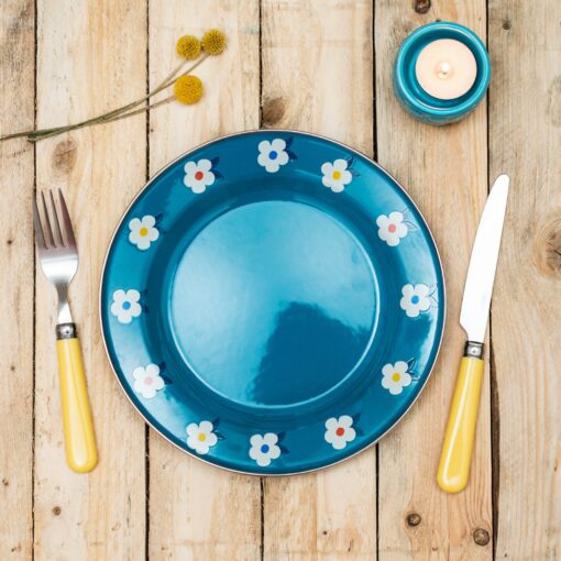 Enamelhappy Ocean Teal Blue Retro Floral Enamel Plates Perfect for Camping, Picnics, and Outdoor Adventures - Image 2