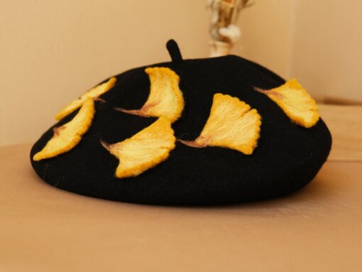 Autumn's Embrace Handcrafted Felted Beret with Fallen Ginkgo Leaves - Image 3