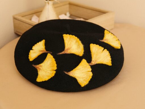 Autumn's Embrace Handcrafted Felted Beret with Fallen Ginkgo Leaves - Image 6