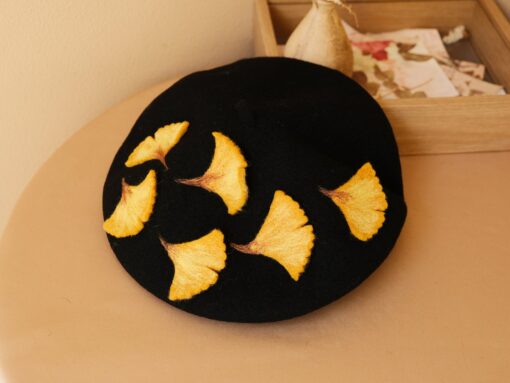 Autumn's Embrace Handcrafted Felted Beret with Fallen Ginkgo Leaves - Image 2