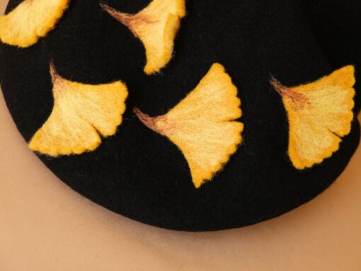 Autumn's Embrace Handcrafted Felted Beret with Fallen Ginkgo Leaves - Image 4
