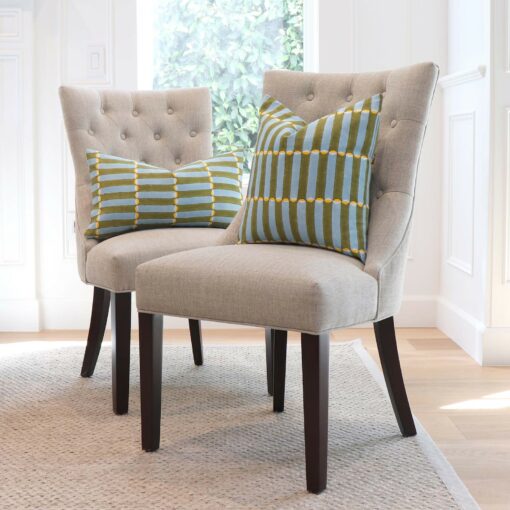 Schumacher Luna Khaki Turquoise Block Print Throw Pillow Cover with Gold Zipper for Couch, Molly Mahon Wood Block By Hand, Euro Sham Cases - Image 2