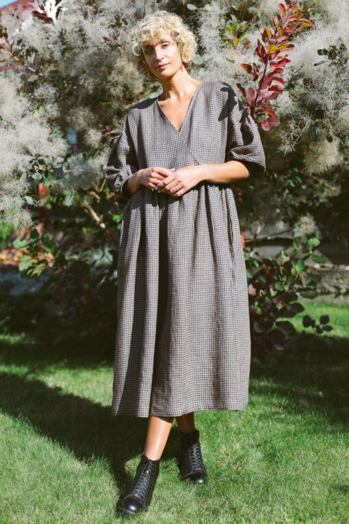 Gingham Linen V-Neck Puffy Sleeve Dress A Timeless Summer Staple from OFFON CLOTHING - Image 2