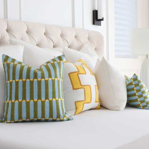 Schumacher Luna Khaki Turquoise Block Print Throw Pillow Cover with Gold Zipper for Couch, Molly Mahon Wood Block By Hand, Euro Sham Cases - Image 4