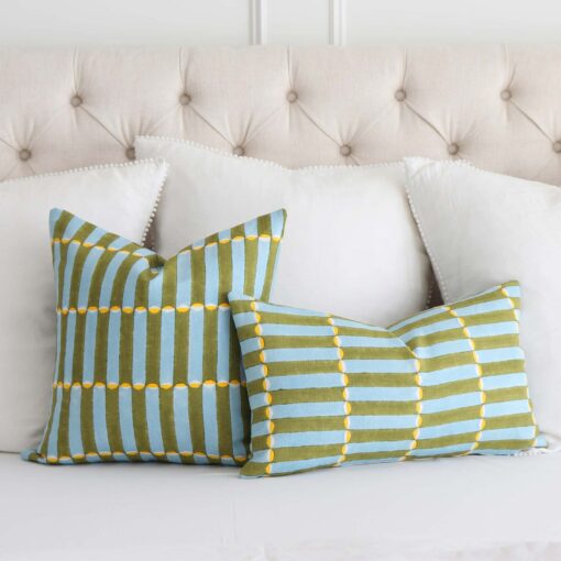 Schumacher Luna Khaki Turquoise Block Print Throw Pillow Cover with Gold Zipper for Couch, Molly Mahon Wood Block By Hand, Euro Sham Cases - Image 3