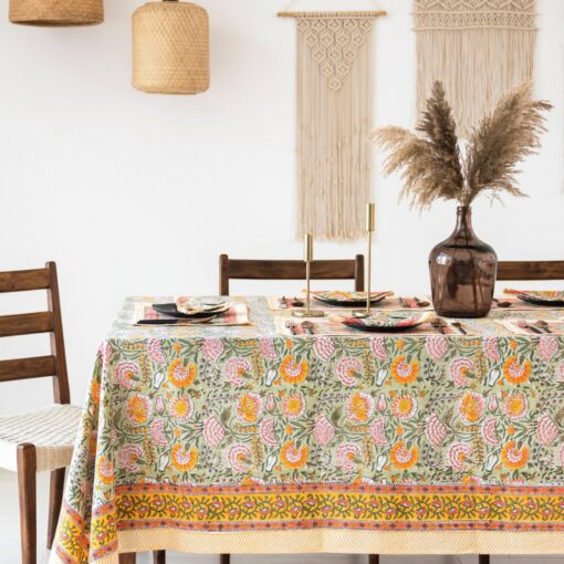 Burnt Orange and Olive Green Floral Indian Hand Block Printed Rectangle Tablecloth A Bohemian Tapestry for Your Dining Table - Image 2