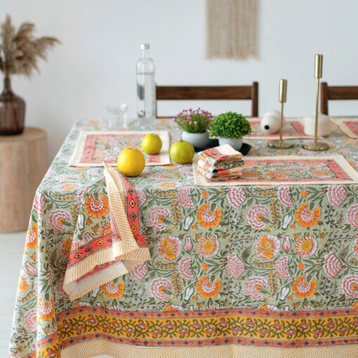 Burnt Orange and Olive Green Floral Indian Hand Block Printed Rectangle Tablecloth A Bohemian Tapestry for Your Dining Table - Image 3