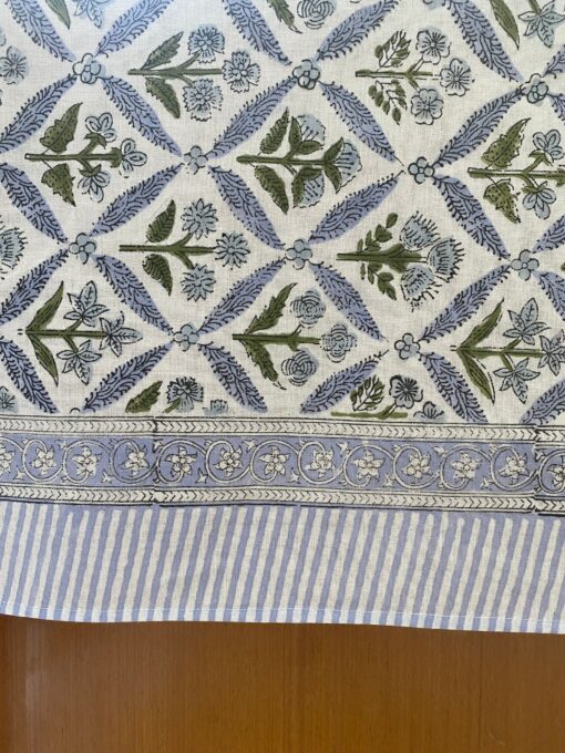 Handcrafted Elegance Light Steel Blue and Olive Green Block Printed Cotton Tablecloth for Memorable Gatherings - Image 3