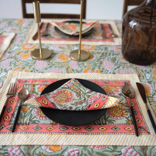 Burnt Orange and Olive Green Floral Indian Hand Block Printed Rectangle Tablecloth A Bohemian Tapestry for Your Dining Table - Image 4