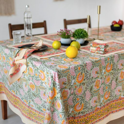 Burnt Orange and Olive Green Floral Indian Hand Block Printed Rectangle Tablecloth A Bohemian Tapestry for Your Dining Table - Image 5