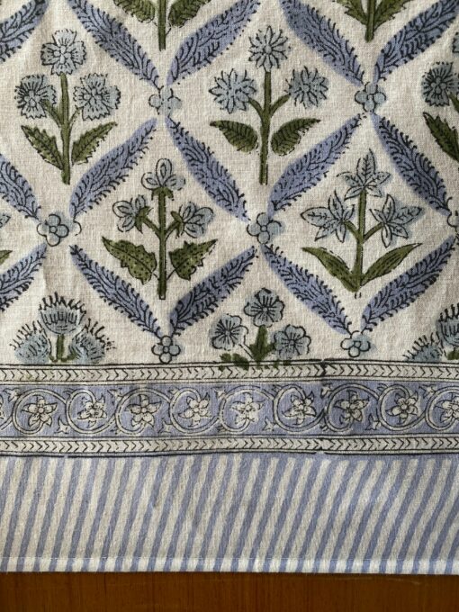 Handcrafted Elegance Light Steel Blue and Olive Green Block Printed Cotton Tablecloth for Memorable Gatherings - Image 2