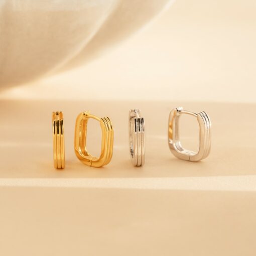 Ribbed Rectangle Link Hoops Minimalist Geometric Earrings for a Chic and Modern Look - Image 4