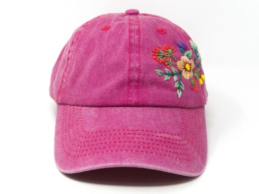 Hand Embroidered Floral Wash Cotton Baseball Cap Unique Summer Sun Hat with Curve Brim - Image 2