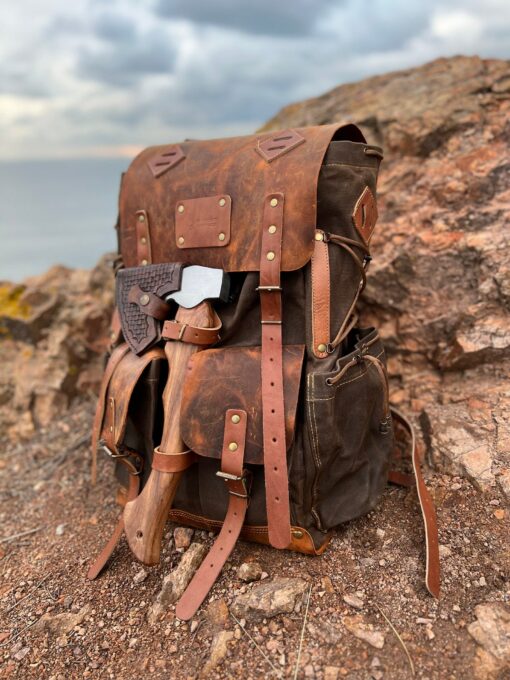 80L-30L Waxed Canvas Backpack Handmade Leather, Adventure-Ready for Camping, Hunting, Bushcraft, Travel - Image 4