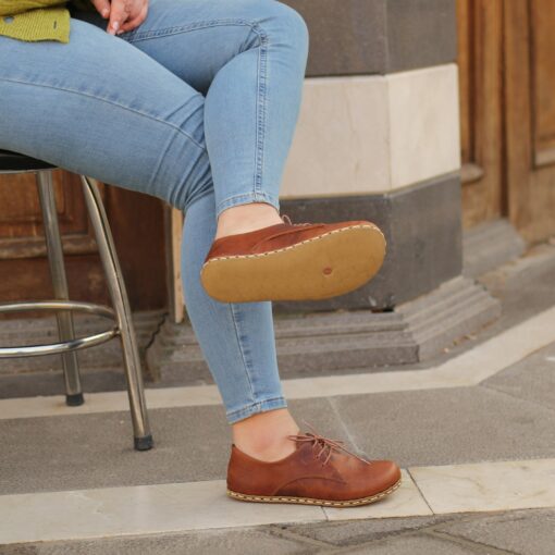 Handmade Earthing Oxford Grounding Wider All Leather Shoes with Copper Rivets in Crazy Brown - Image 3