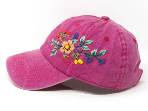 Hand Embroidered Floral Wash Cotton Baseball Cap Unique Summer Sun Hat with Curve Brim - Image 3