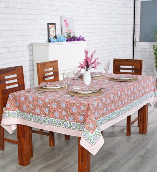 Handcrafted Indian Tablecloth Vibrant Hues of Salmon Pink, Sage Green, and Delft Blue - Image 5